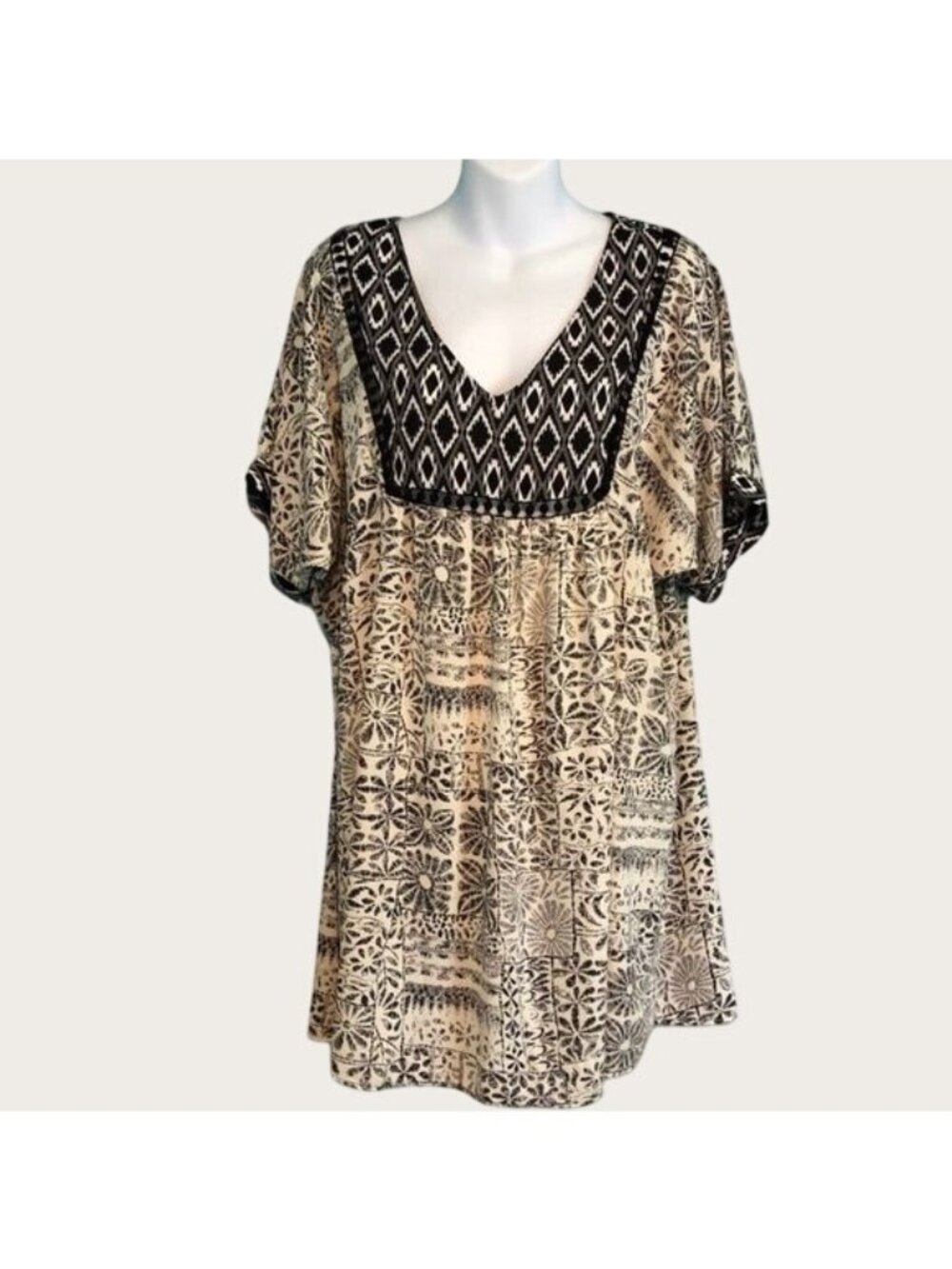 Tua Boho Tunic Dress Black & Cream Geometric Pattern Lightweight Fabric Size L